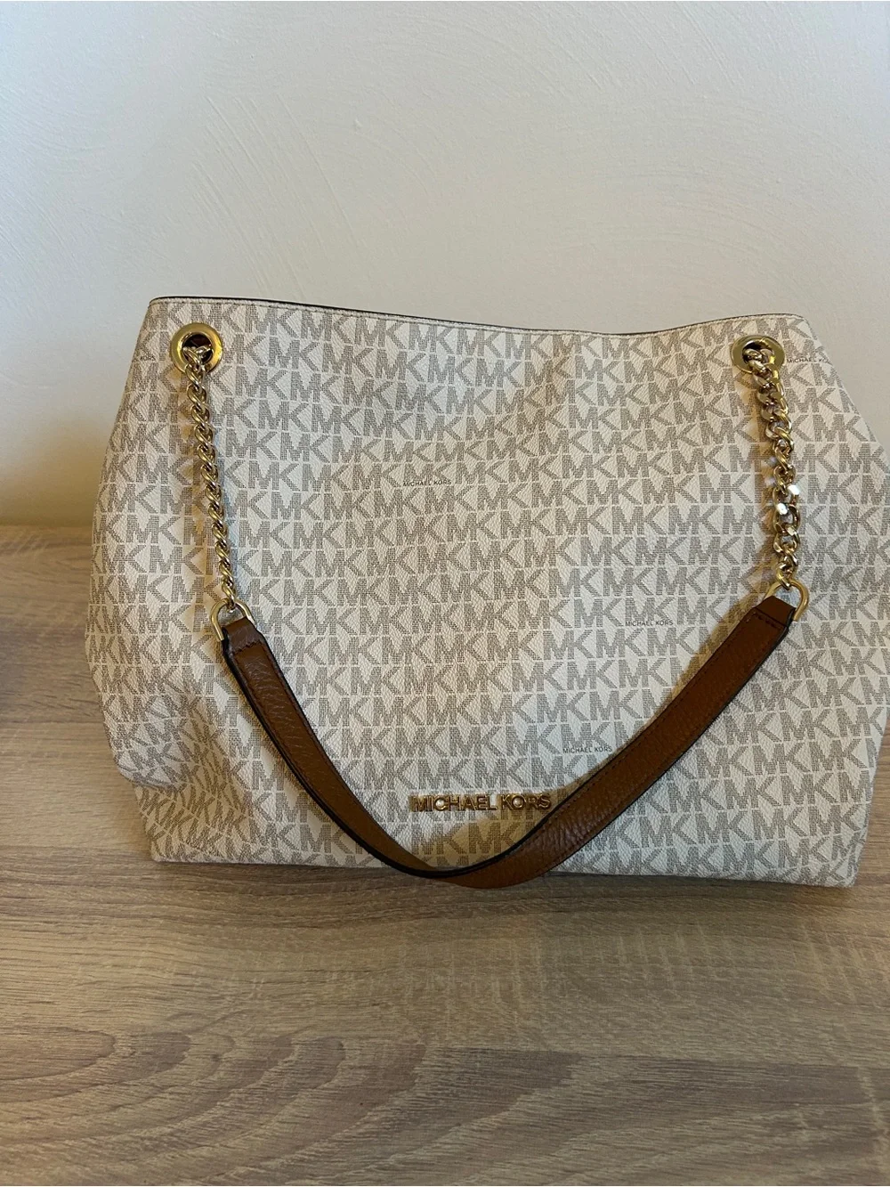 Michael Kors Cream and Brown Logo Tote Shoulder Bag